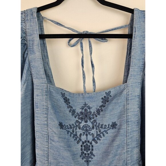 Old Navy Womens Top Size 4X Blue Chambray Embroidered Flutter Sleeve Smock Shirt - Picture 2 of 10